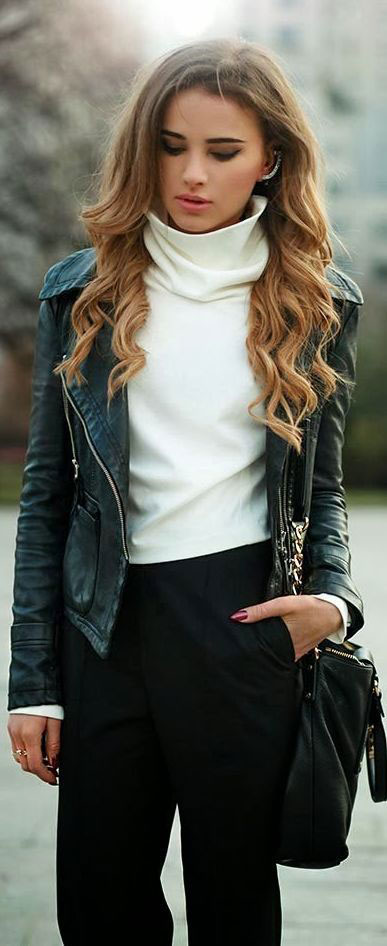 Leather jacket-10 ways to wear a turtleneck this fall season-by stylewati