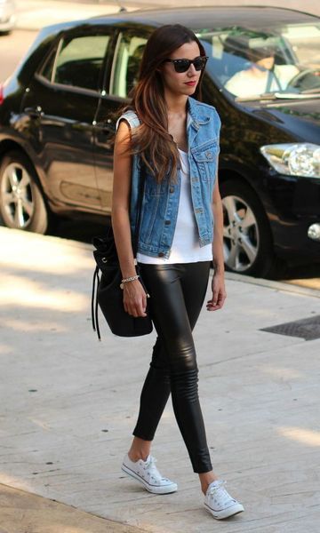 Leather pants + t-shirt + denim jacket-5 style tips to try with your Converse sneakers-by stylewati