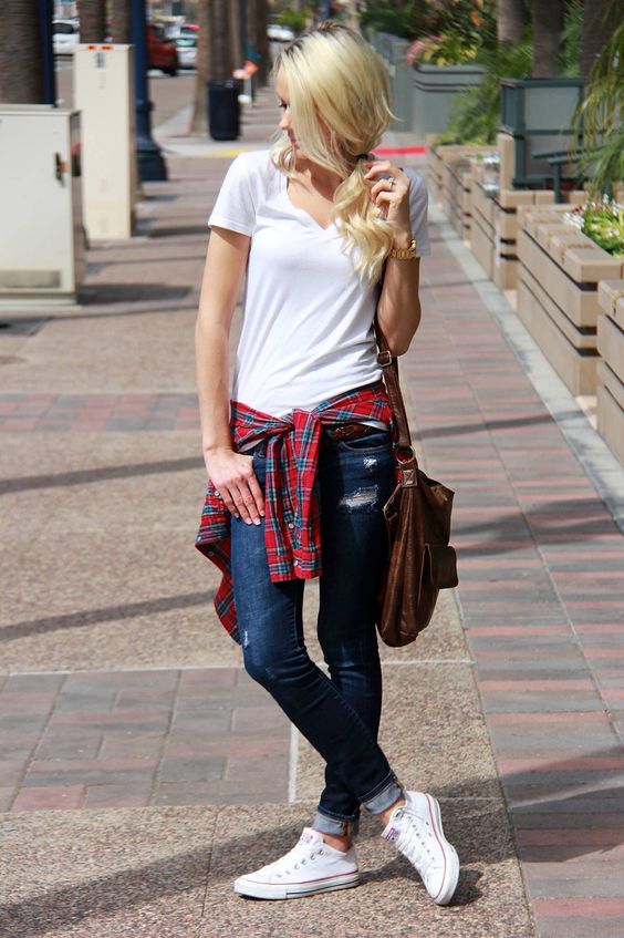 White t-shirt + plaid shirt + jeans-5 style tips to try with your Converse sneakers-by stylewati