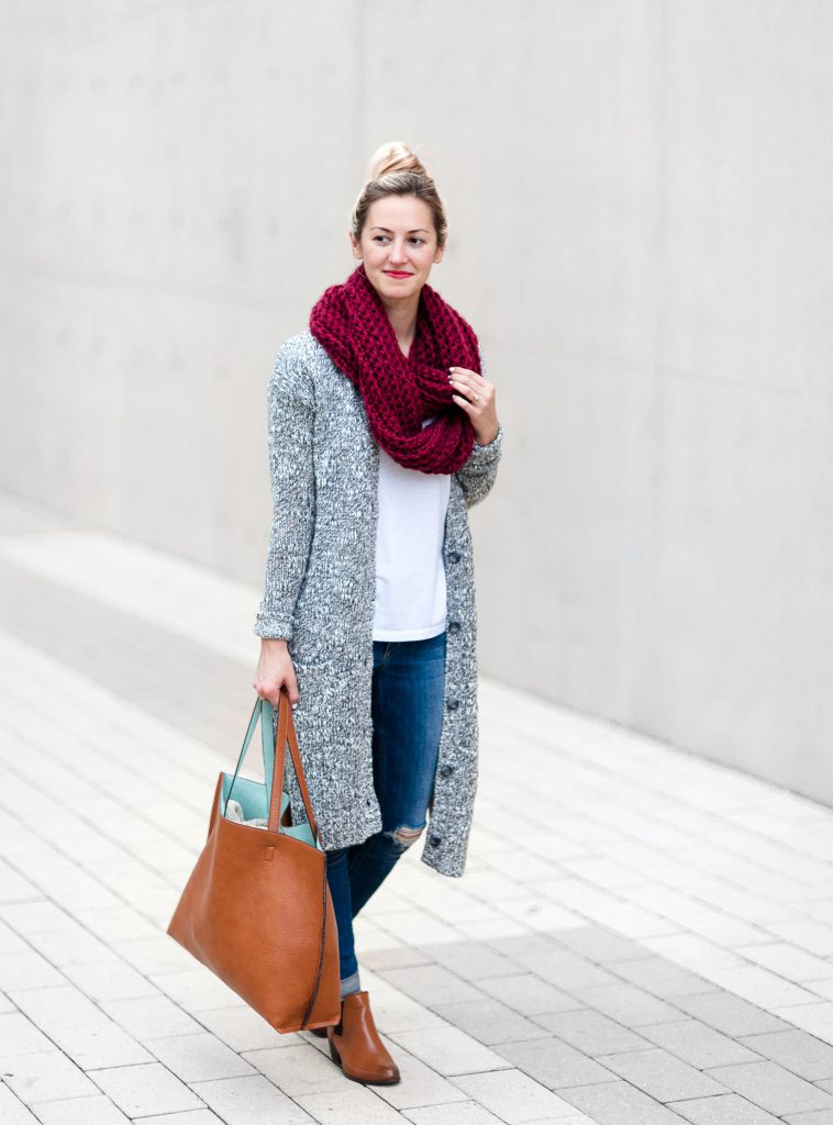 Muffler and a tote bag-The best of style ideas to wear a long cardigans-by stylewati